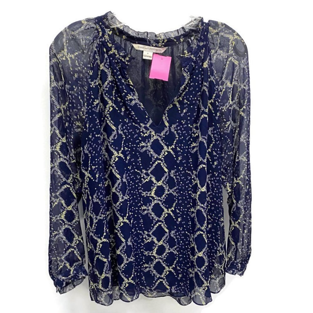 Diane Von Furstenberg Navy & Green Silk Blouse